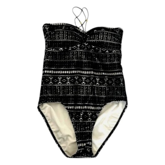 One Piece Swimsuit Chaps Black Lace  Size 14 Halter Top Padded Lined Crochet - Picture 1 of 7